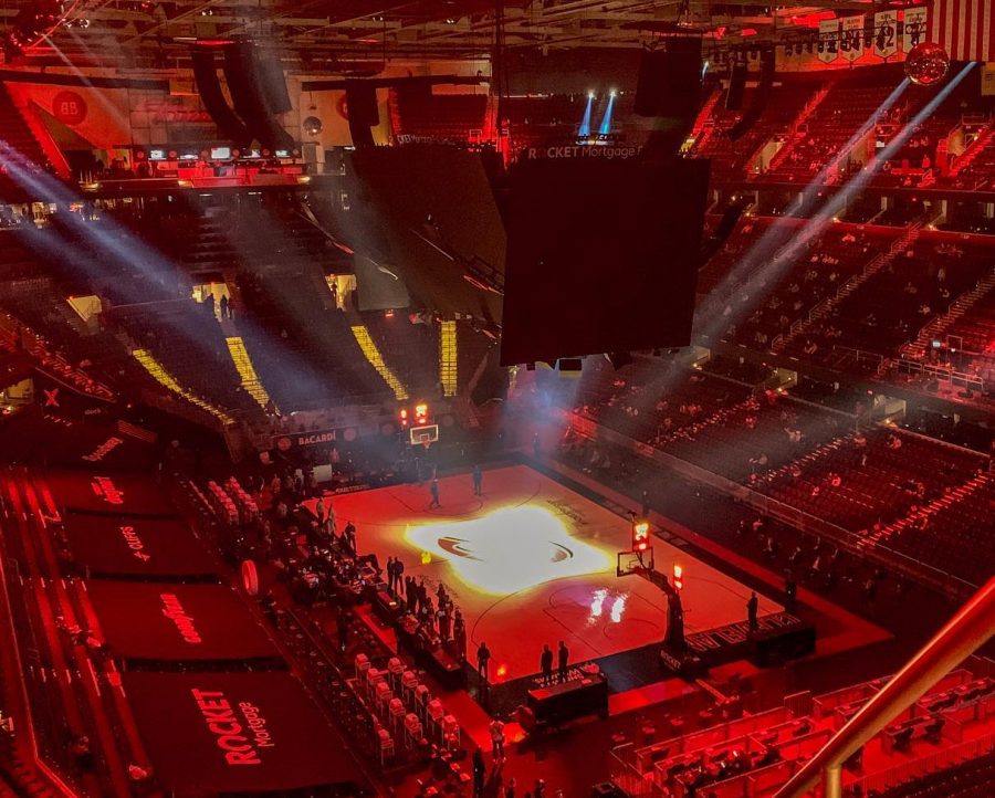 Rocket Mortgage Fieldhouse gets lit up before a Cavs game.