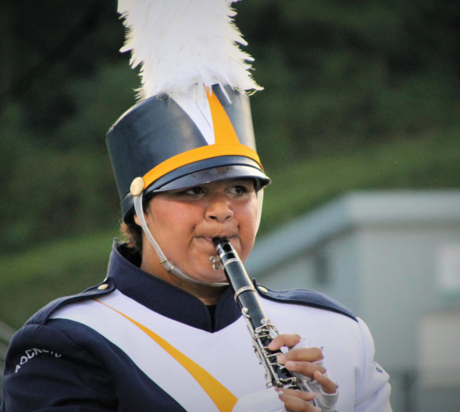 Freshman Abigail Holmes plays clarinet at a football game last fall.