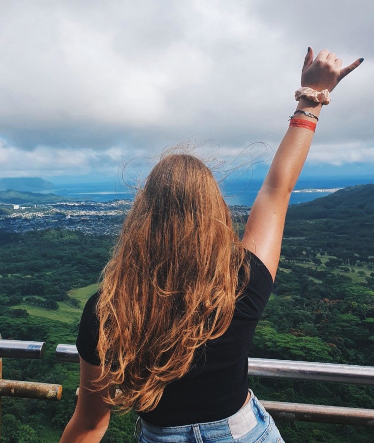 Junior Lina Mueller captures a moment at the Nu‘uanu Pali Lookout in Oahu, Hawaii. There is a beautiful viewing platform and you can see half of the island, Mueller said.