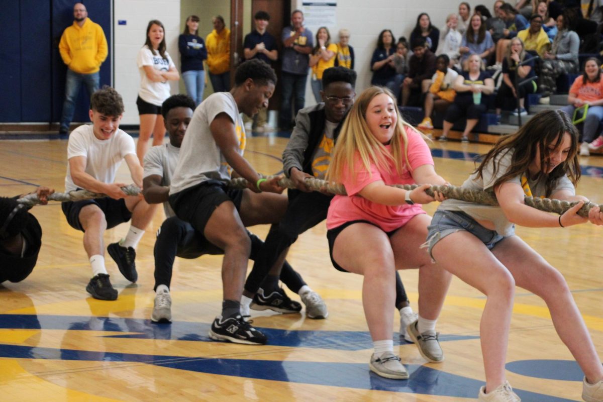Freshmen compete in the tug of war activity during the May 17 field day.